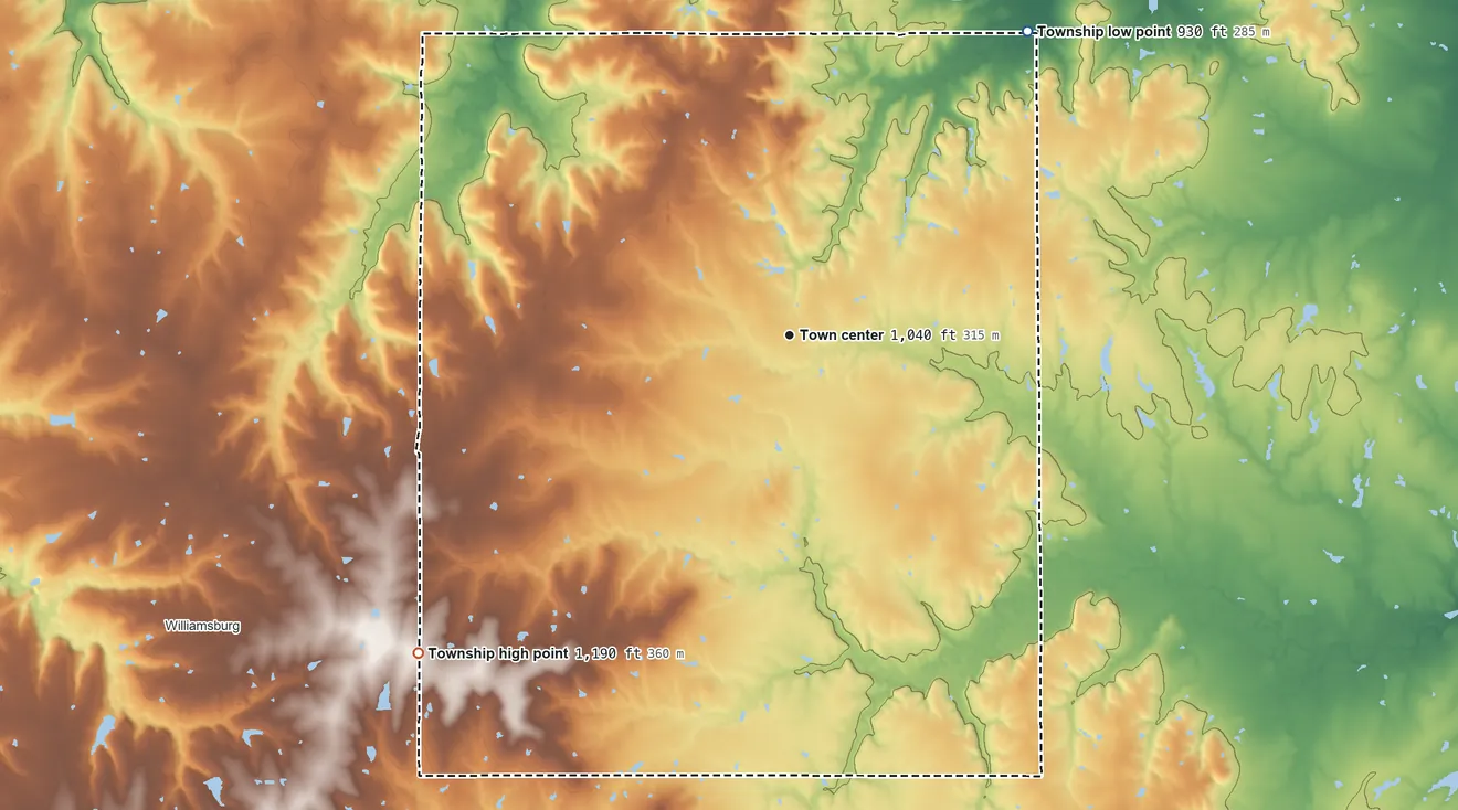 Topographic elevation map of Homewood Township, Kansas, shaded from 930 ft on the northeast side to 1,190 ft on the southwest side
