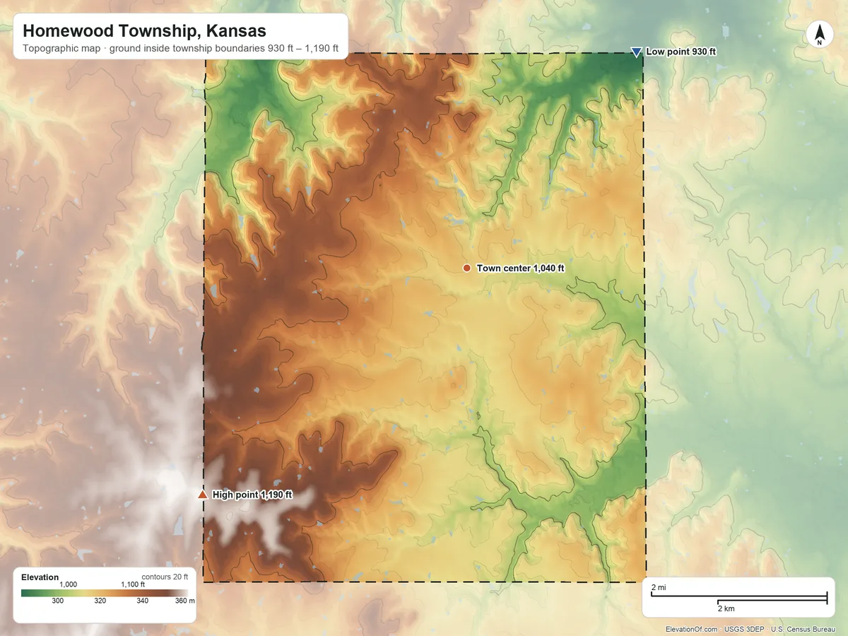 Topographic elevation map of Homewood Township, Kansas, shaded from 930 ft on the northeast side to 1,190 ft on the southwest side