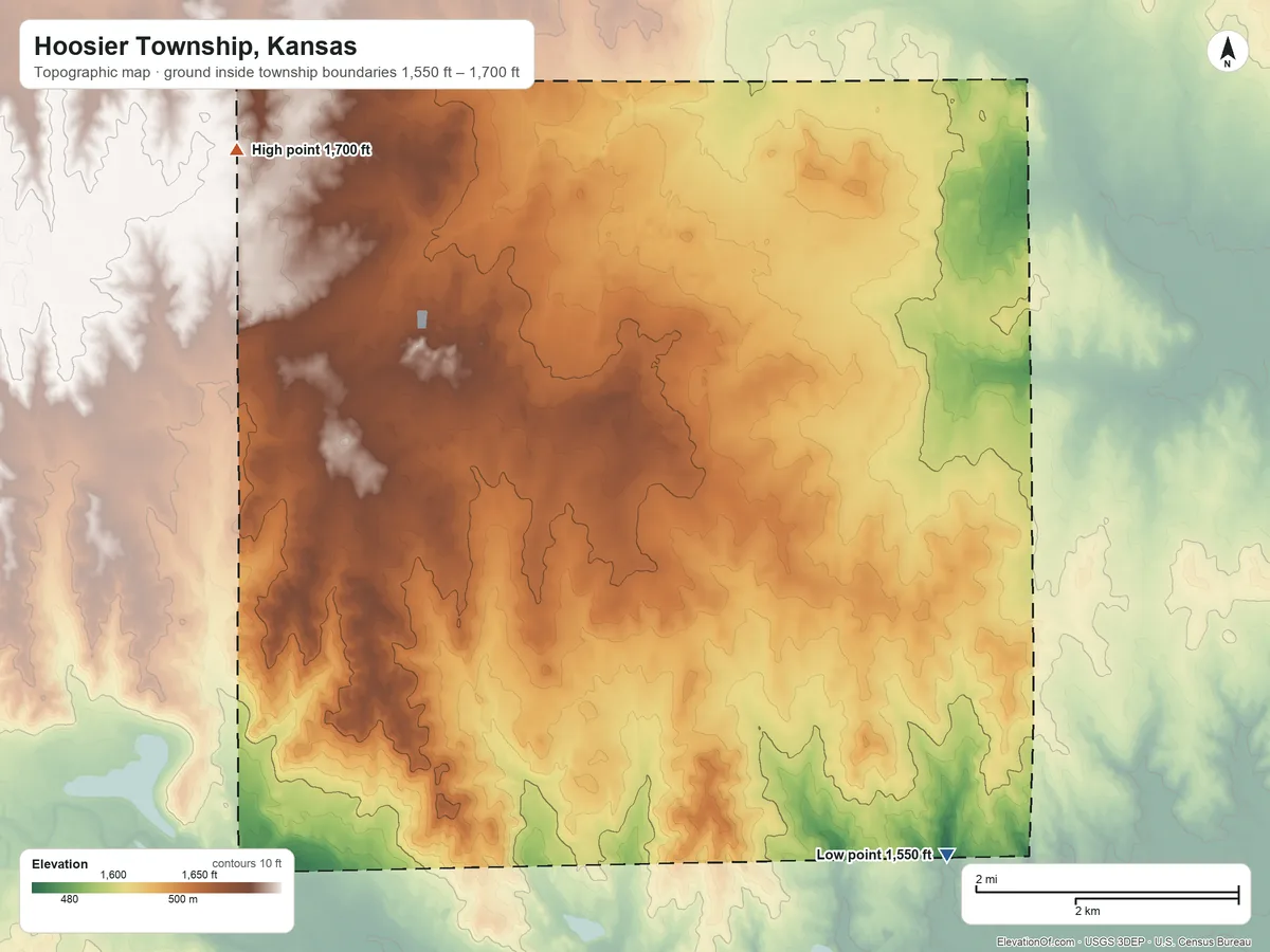 Topographic elevation map of Hoosier Township, Kansas, shaded from 1,550 ft on the southeast side to 1,700 ft on the northwest side