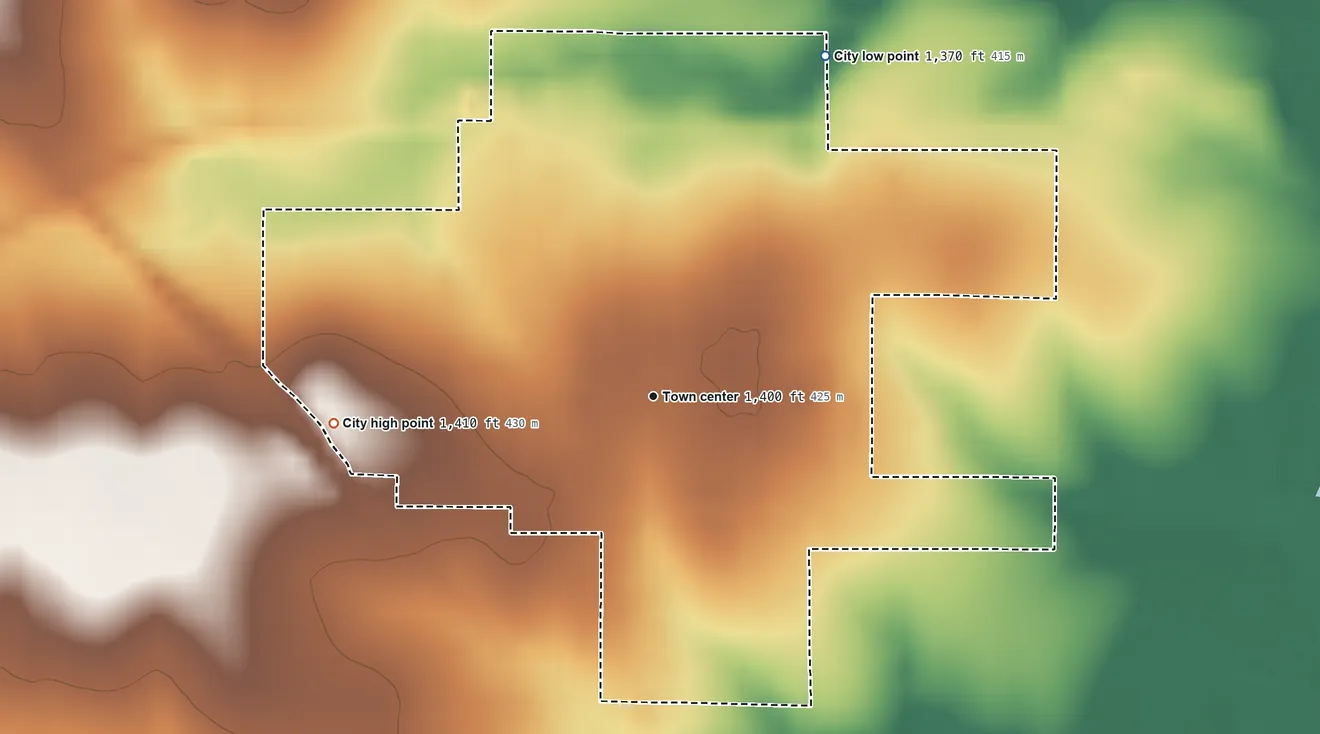 Topographic elevation map of Hope, Kansas, shaded from 1,370 ft on the northeast side to 1,410 ft on the west side