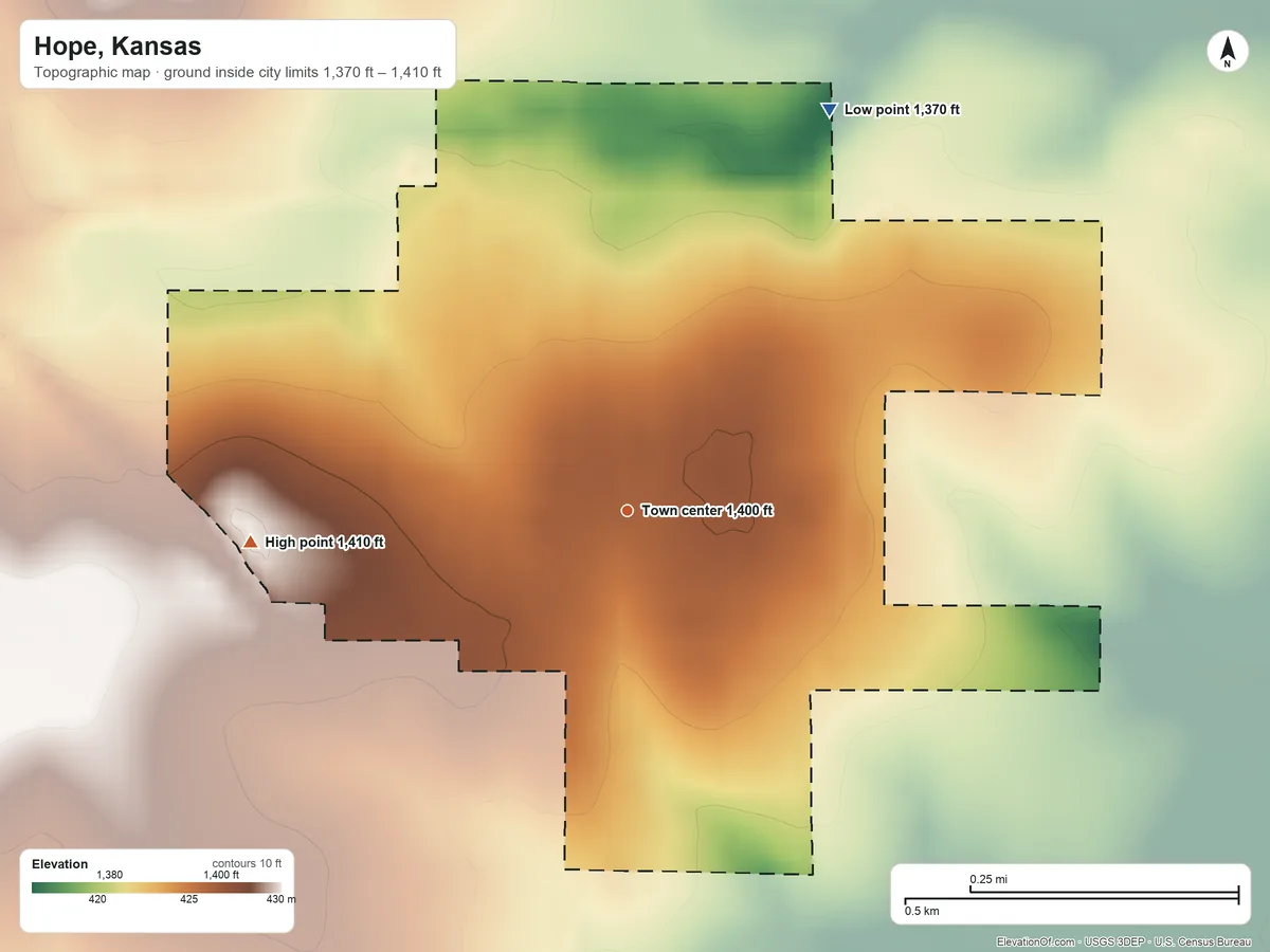 Topographic elevation map of Hope, Kansas, shaded from 1,370 ft on the northeast side to 1,410 ft on the west side