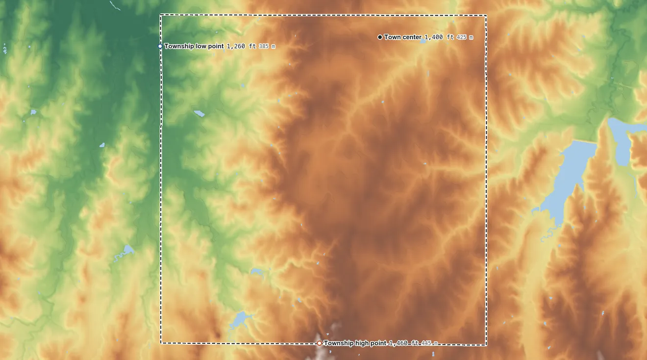 Topographic elevation map of Hope Township, Kansas, shaded from 1,260 ft on the west side to 1,460 ft on the south side