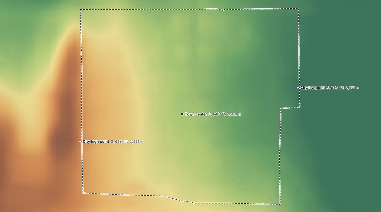Topographic elevation map of Horace, Kansas, shaded from 3,630 ft on the east side to 3,650 ft on the west side