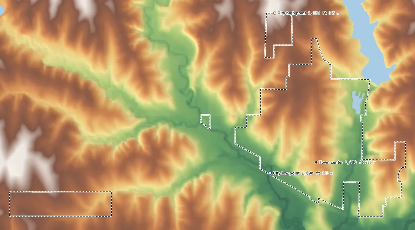 Topographic elevation map of Horton, Kansas, shaded from 1,000 ft on the west side to 1,130 ft on the north side