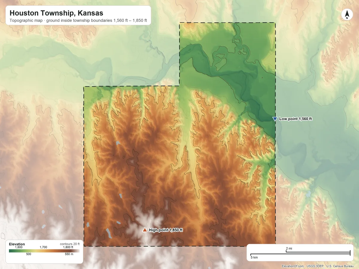 Topographic elevation map of Houston Township, Kansas, shaded from 1,560 ft on the south side to 1,850 ft on the southwest side