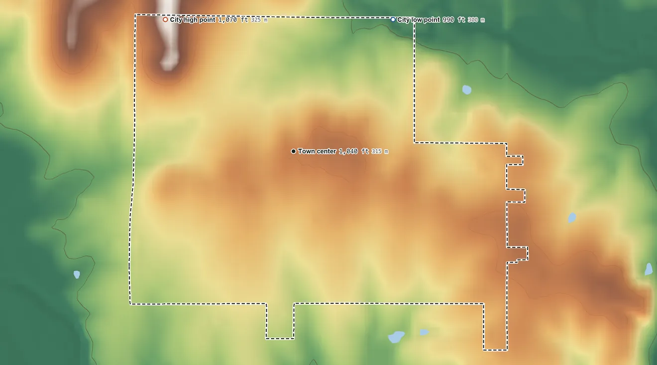 Topographic elevation map of Howard, Kansas, shaded from 990 ft on the northeast side to 1,070 ft on the northwest side