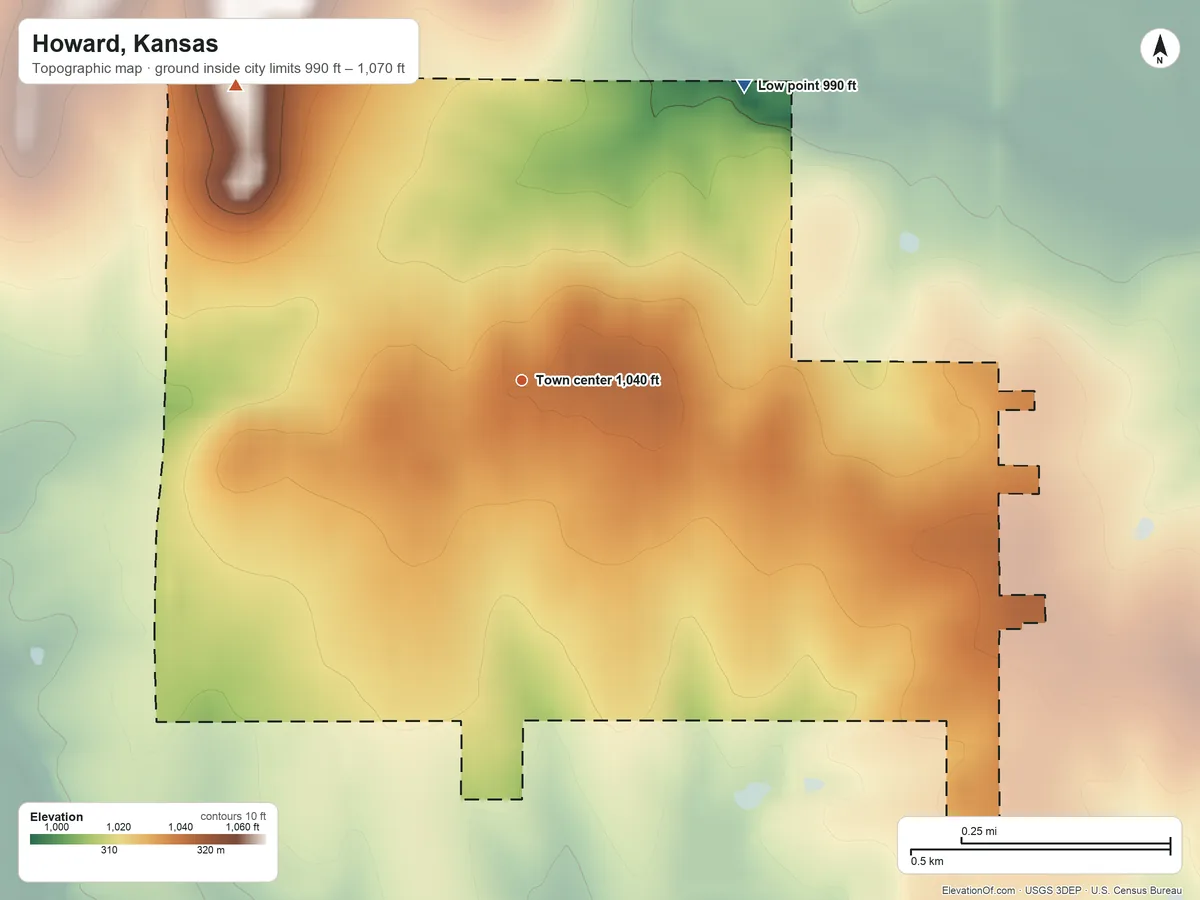 Topographic elevation map of Howard, Kansas, shaded from 990 ft on the northeast side to 1,070 ft on the northwest side