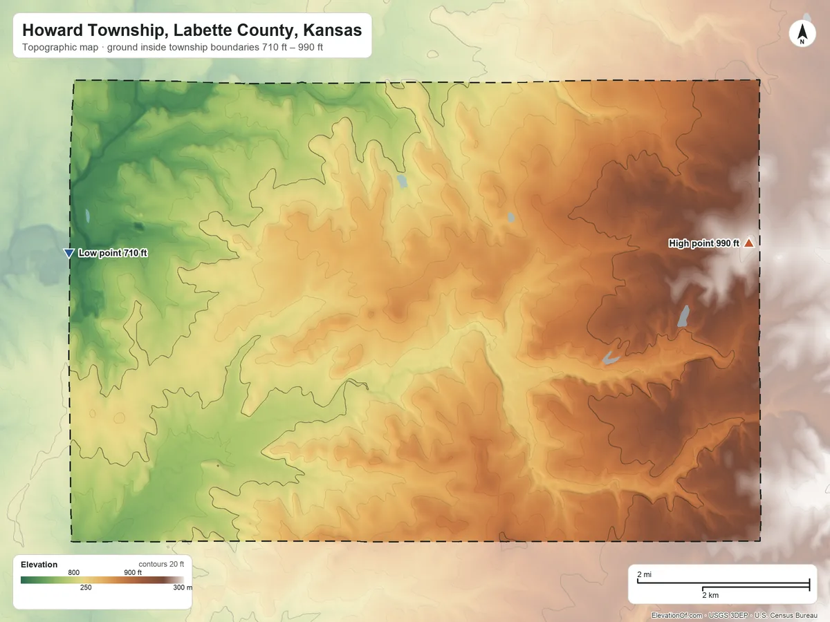 Topographic elevation map of Howard Township, Labette County, Kansas, shaded from 710 ft on the west side to 990 ft on the east side