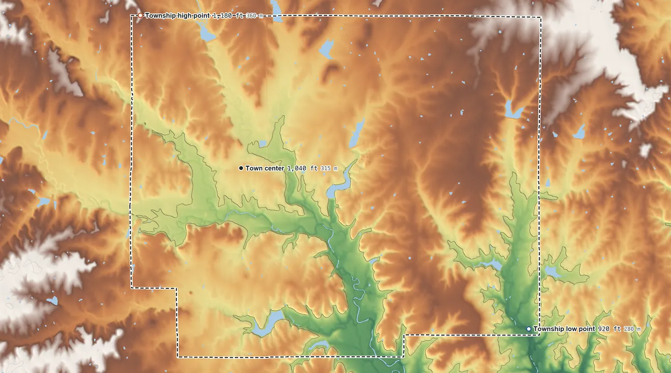 Topographic elevation map of Howard Township, Kansas, shaded from 920 ft on the southeast side to 1,180 ft on the northwest side