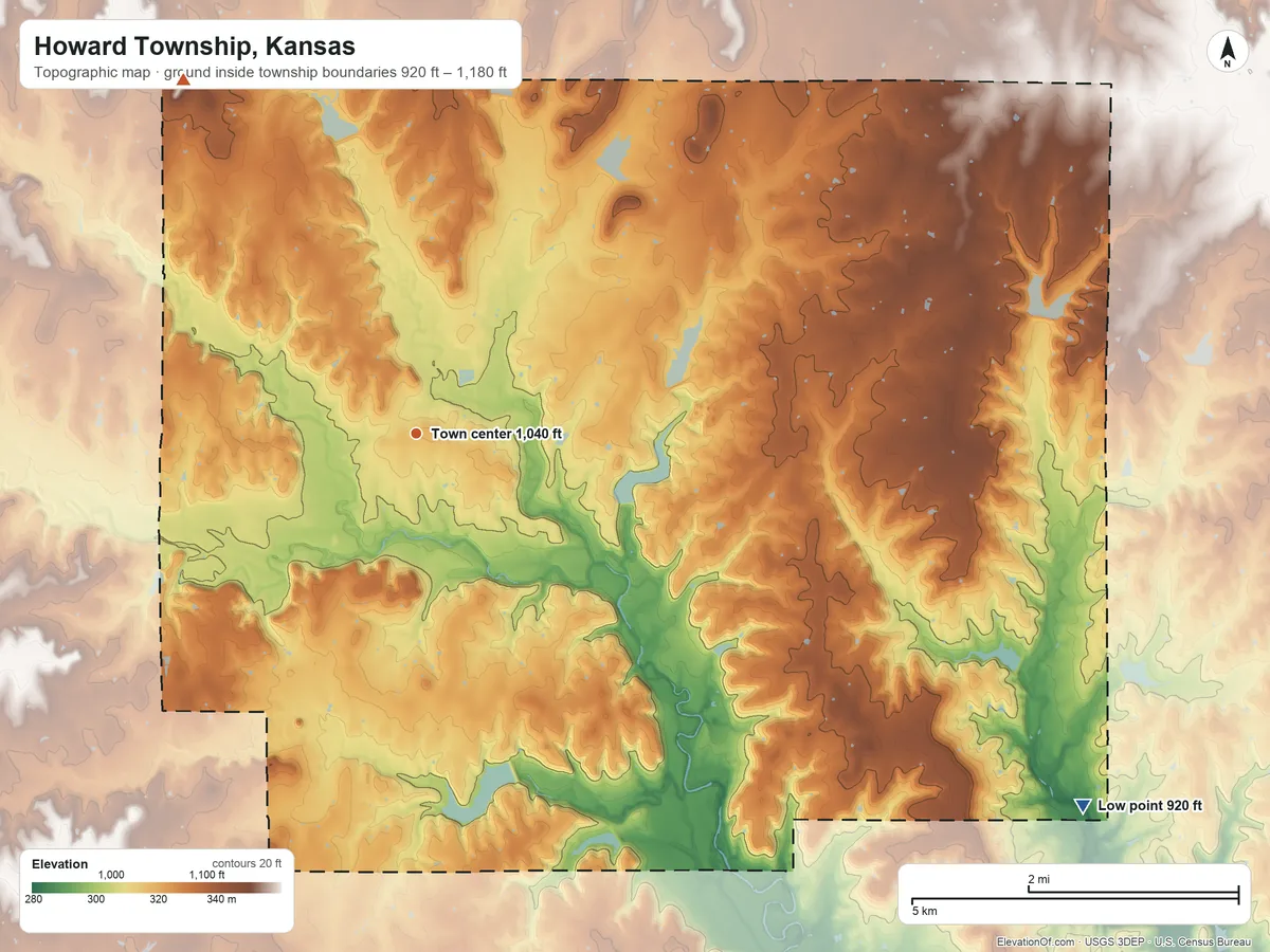 Topographic elevation map of Howard Township, Kansas, shaded from 920 ft on the southeast side to 1,180 ft on the northwest side