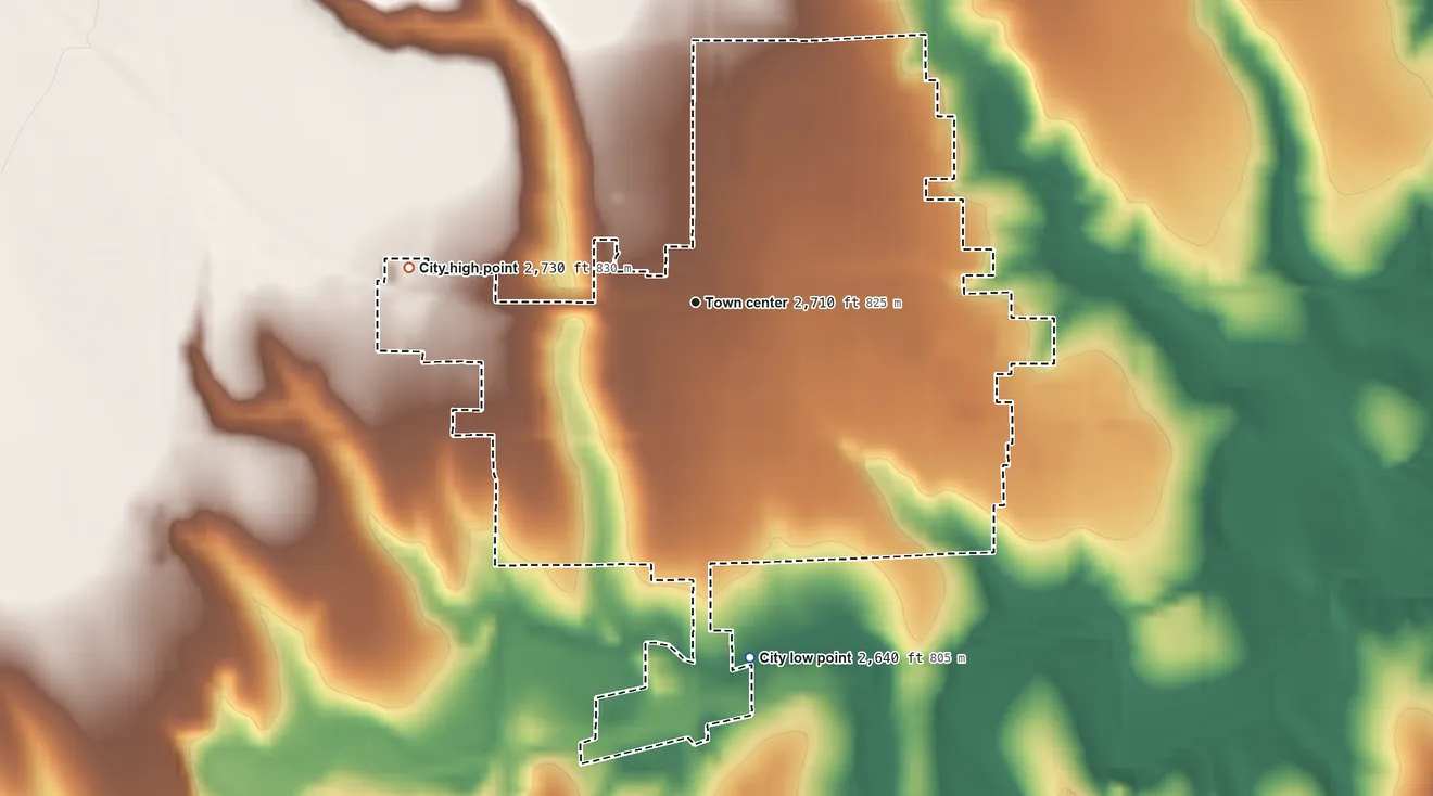 Topographic elevation map of Hoxie, Kansas, shaded from 2,640 ft on the south side to 2,730 ft on the west side