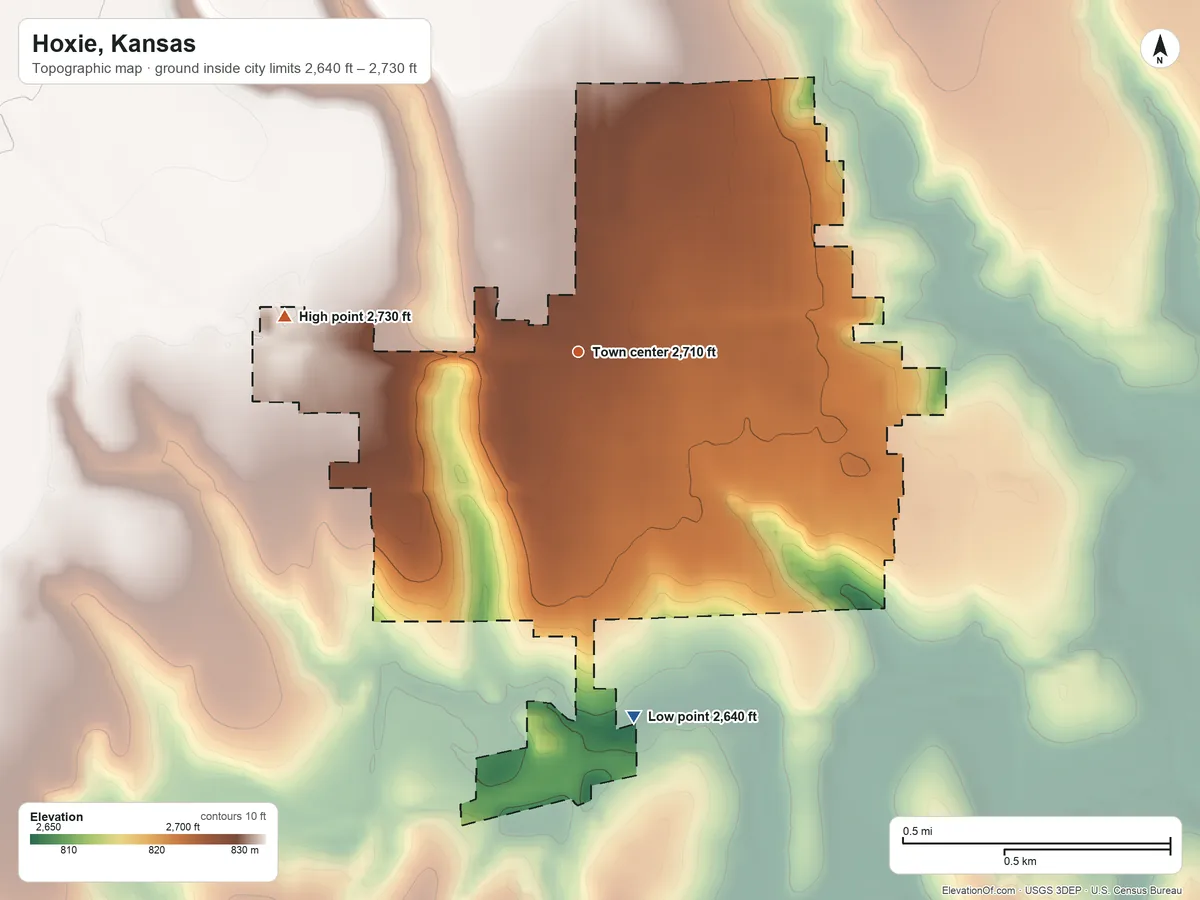 Topographic elevation map of Hoxie, Kansas, shaded from 2,640 ft on the south side to 2,730 ft on the west side