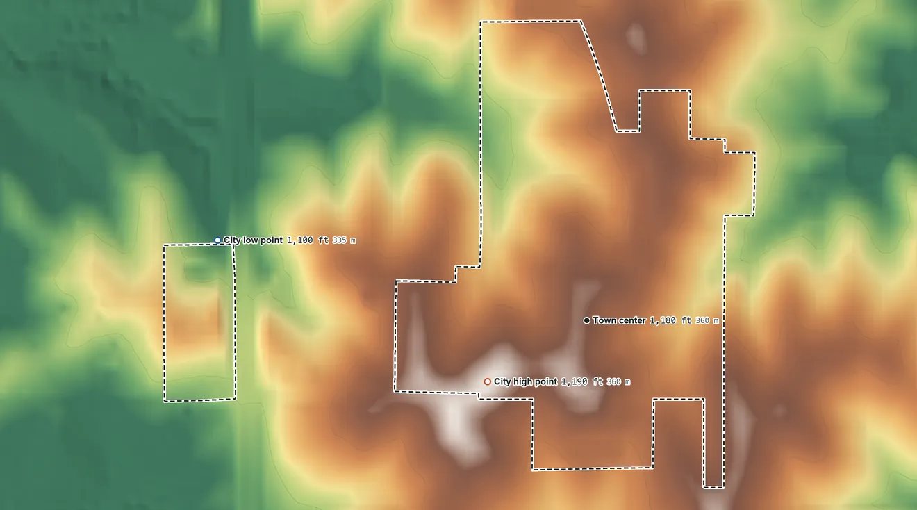 Topographic elevation map of Hoyt, Kansas, shaded from 1,100 ft on the west side to 1,190 ft on the southwest side