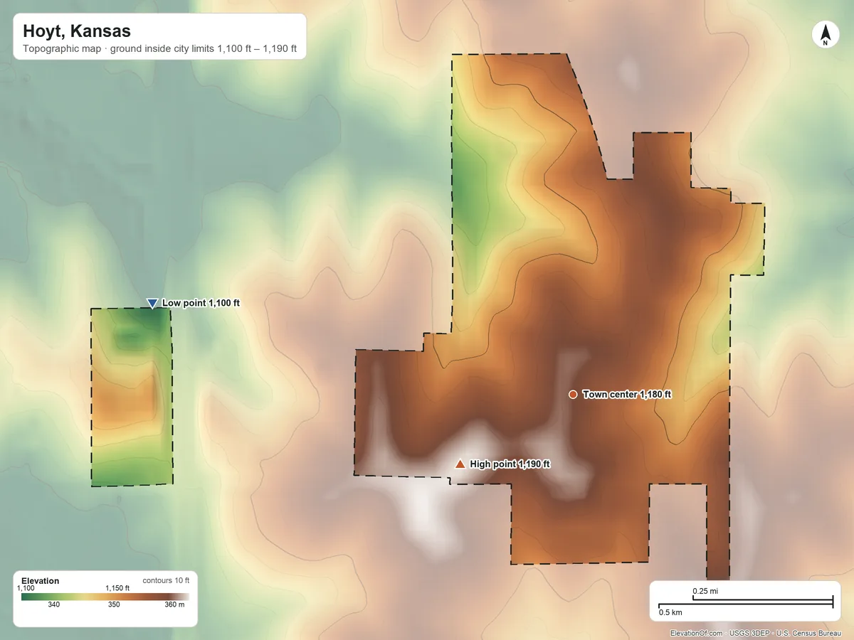 Topographic elevation map of Hoyt, Kansas, shaded from 1,100 ft on the west side to 1,190 ft on the southwest side
