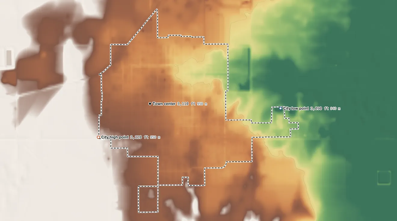 Topographic elevation map of Hugoton, Kansas, shaded from 3,090 ft on the east side to 3,120 ft on the southwest side