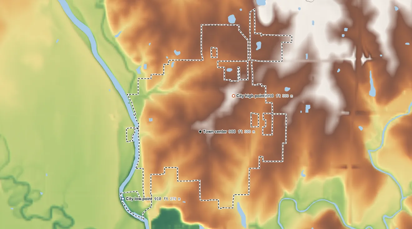 Topographic elevation map of Humboldt, Kansas, shaded from 910 ft on the southwest side to 990 ft on the northeast side