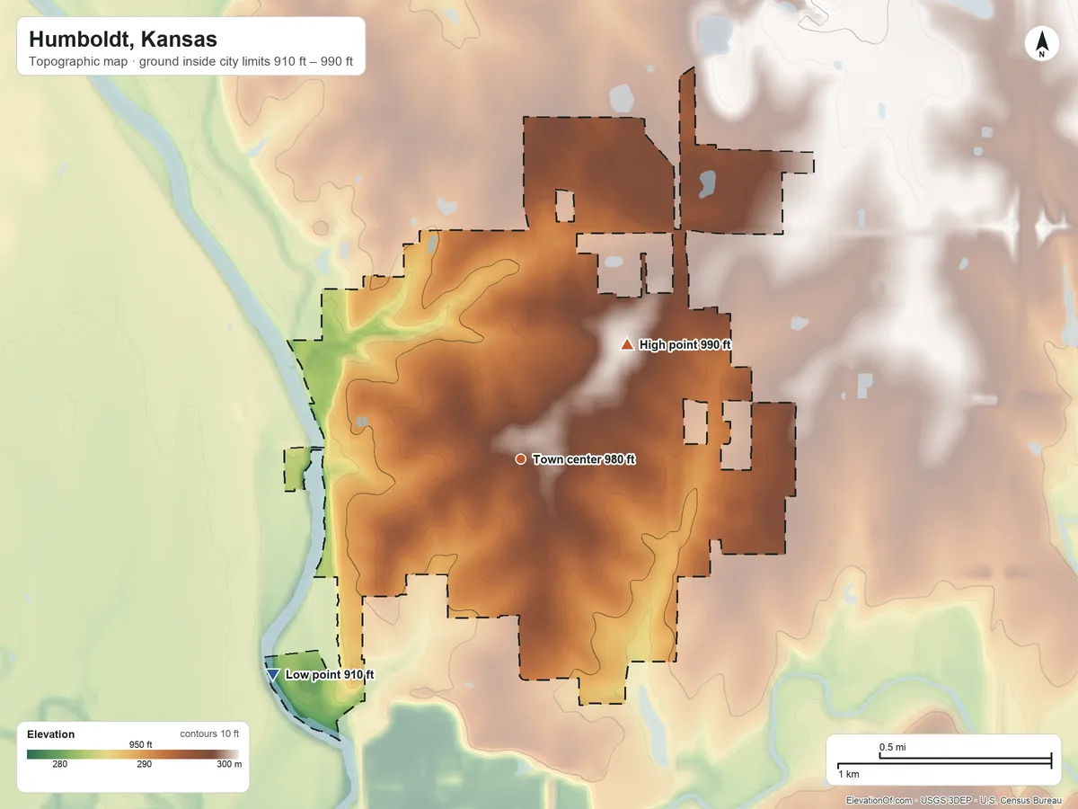 Topographic elevation map of Humboldt, Kansas, shaded from 910 ft on the southwest side to 990 ft on the northeast side