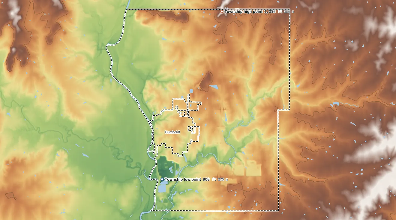 Topographic elevation map of Humboldt Township, Kansas, shaded from 900 ft on the southwest side to 1,050 ft on the north side