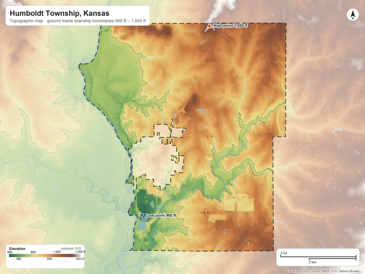 Topographic elevation map of Humboldt Township, Kansas, shaded from 900 ft on the southwest side to 1,050 ft on the north side