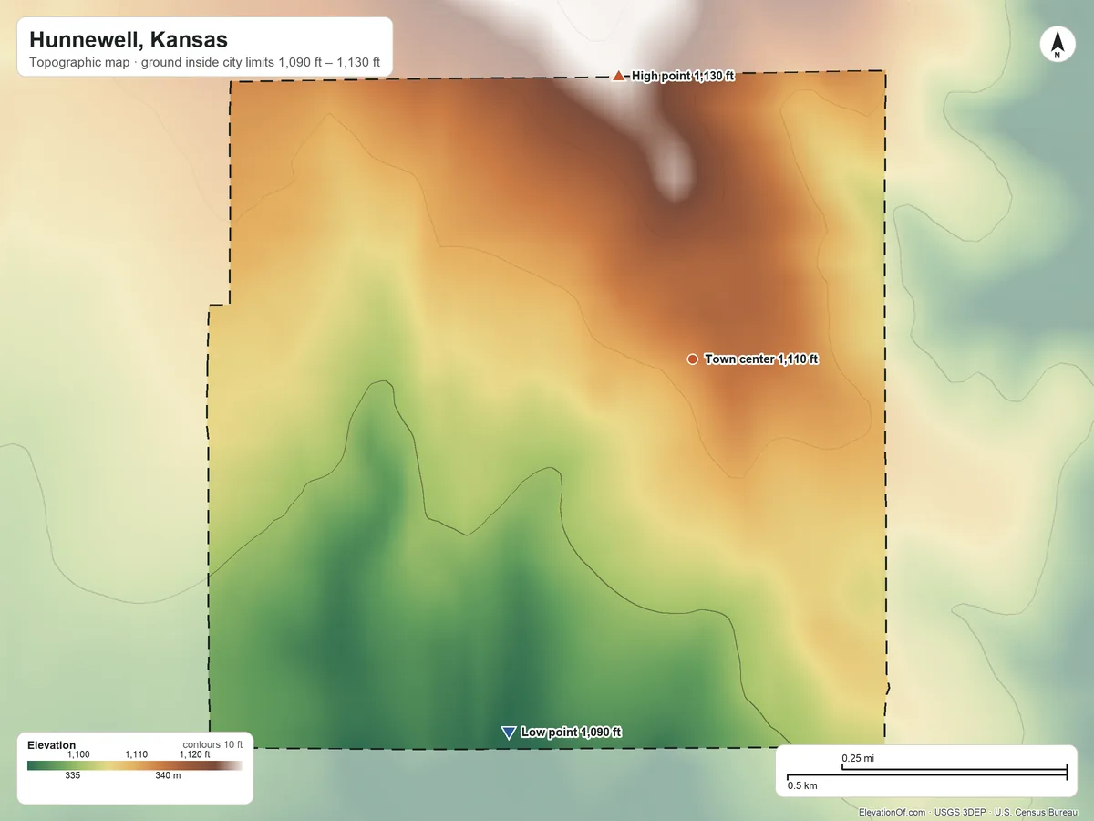 Topographic elevation map of Hunnewell, Kansas, shaded from 1,090 ft on the southwest side to 1,130 ft on the north side
