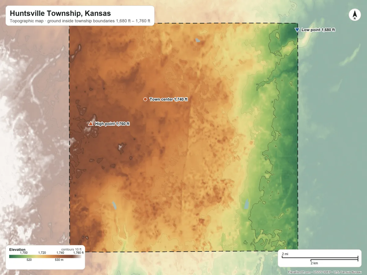 Topographic elevation map of Huntsville Township, Kansas, shaded from 1,680 ft on the northeast side to 1,760 ft on the southwest side