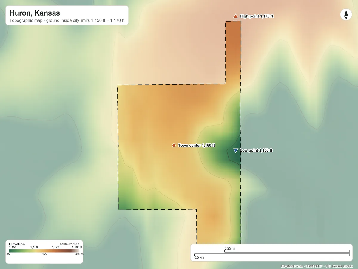 Topographic elevation map of Huron, Kansas, shaded from 1,150 ft on the east side to 1,170 ft on the northeast side