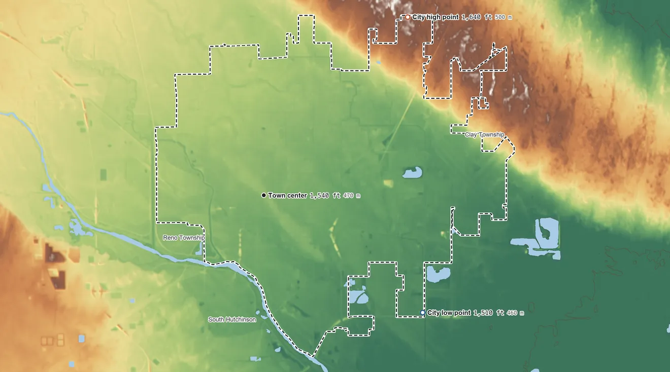 Topographic elevation map of Hutchinson, Kansas, shaded from 1,510 ft on the southeast side to 1,640 ft on the northeast side