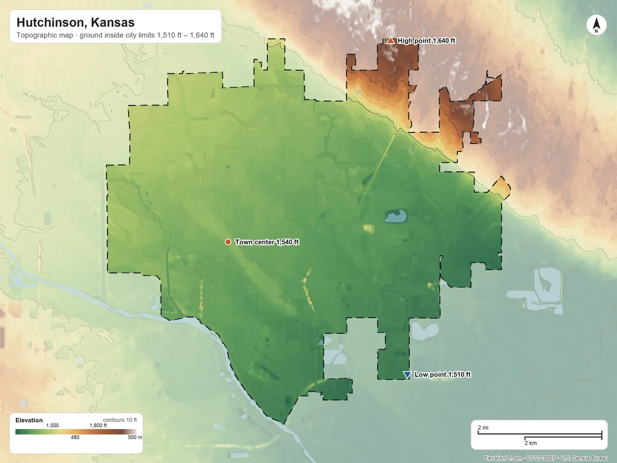 Topographic elevation map of Hutchinson, Kansas, shaded from 1,510 ft on the southeast side to 1,640 ft on the northeast side