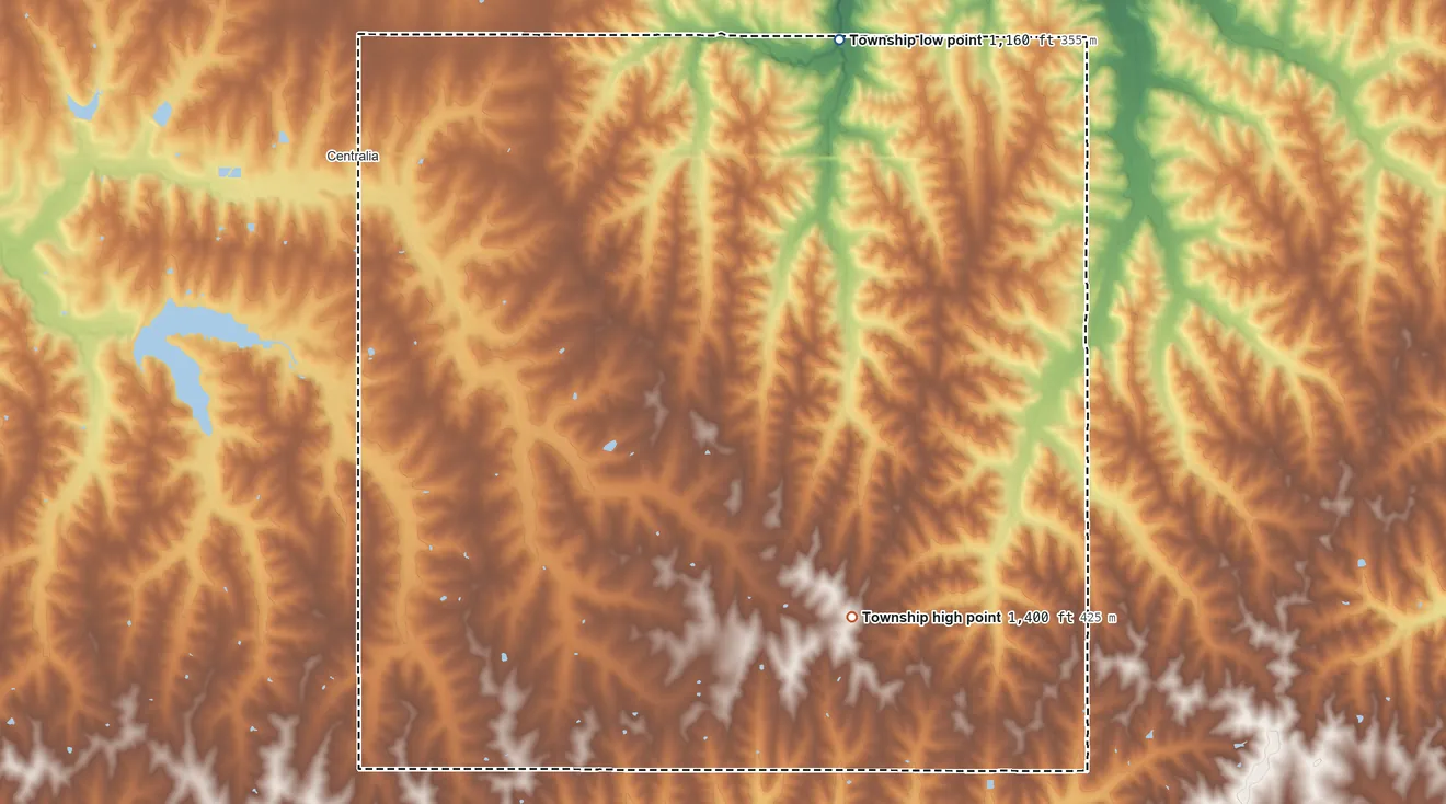 Topographic elevation map of Illinois Township, Nemaha County, Kansas, shaded from 1,160 ft on the north side to 1,400 ft on the south side