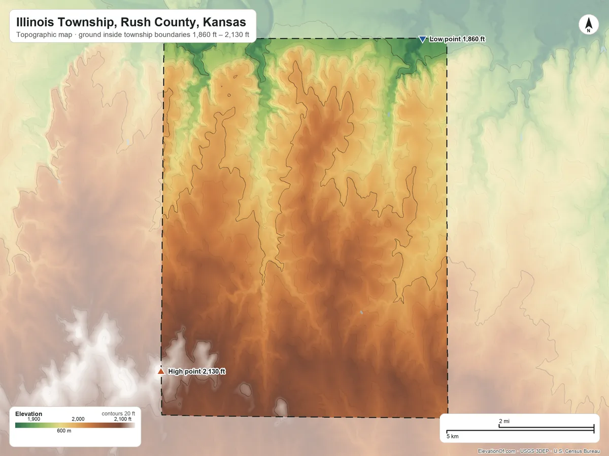 Topographic elevation map of Illinois Township, Rush County, Kansas, shaded from 1,860 ft on the northeast side to 2,130 ft on the southwest side