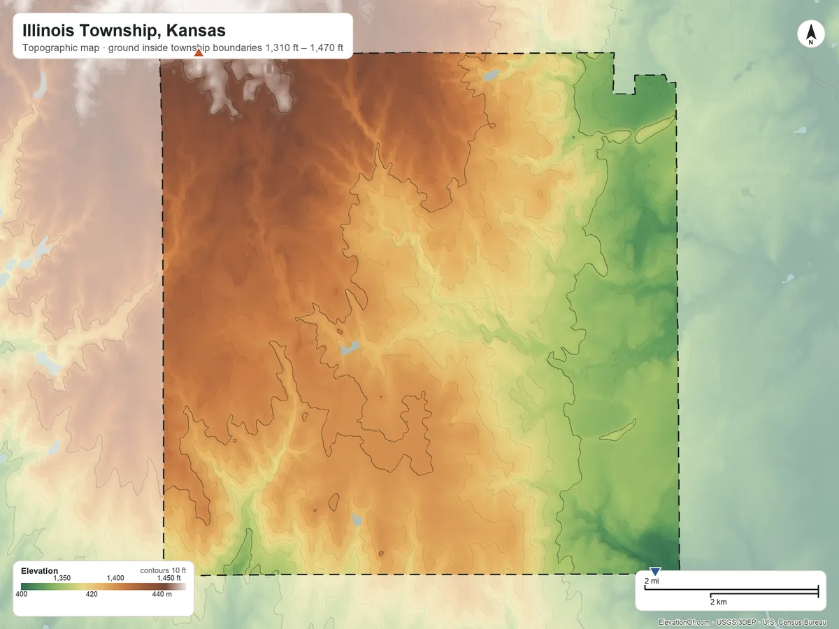 Topographic elevation map of Illinois Township, Kansas, shaded from 1,310 ft on the southeast side to 1,470 ft on the northwest side