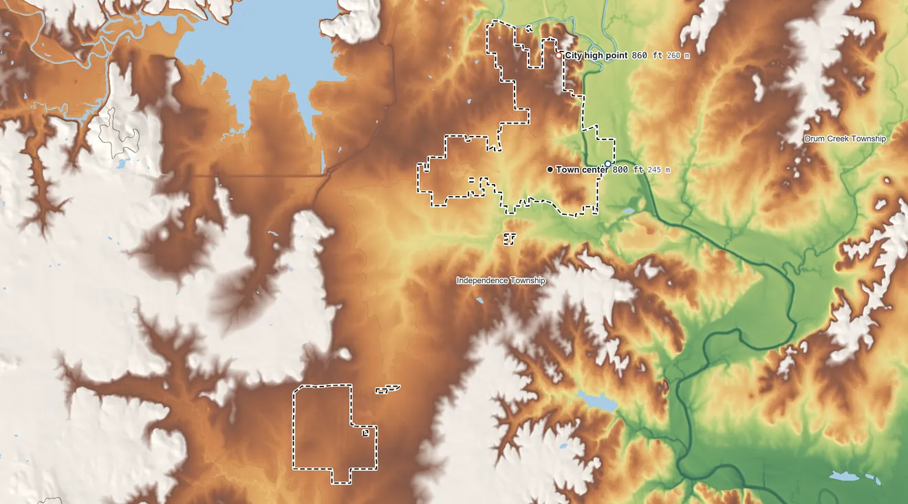 Topographic elevation map of Independence, Kansas, shaded from 720 ft on the east side to 860 ft on the north side