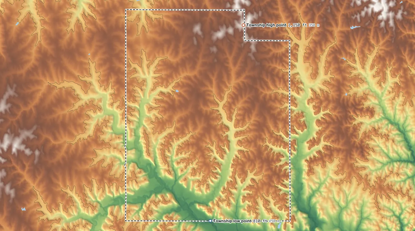 Topographic elevation map of Independence Township, Doniphan County, Kansas, shaded from 810 ft on the south side to 1,150 ft on the north side
