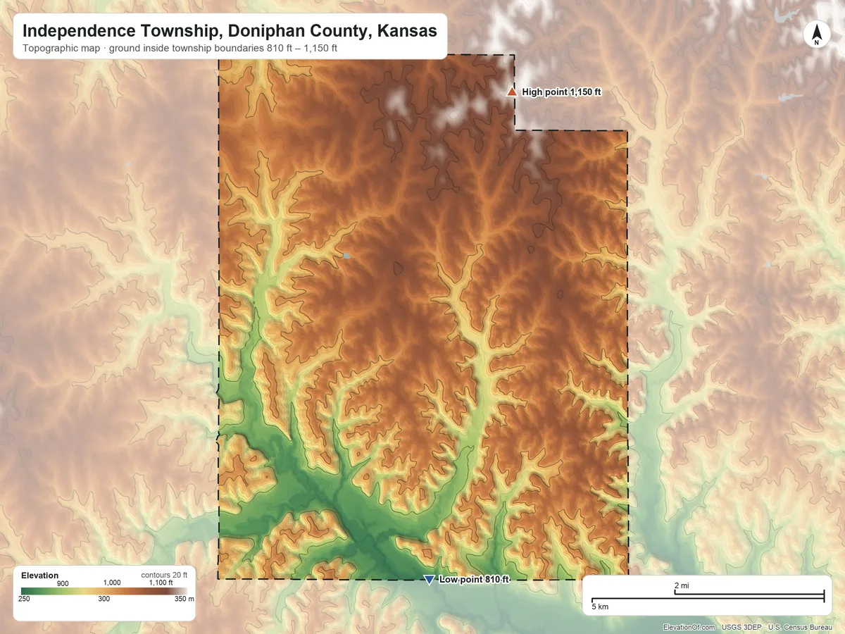 Topographic elevation map of Independence Township, Doniphan County, Kansas, shaded from 810 ft on the south side to 1,150 ft on the north side