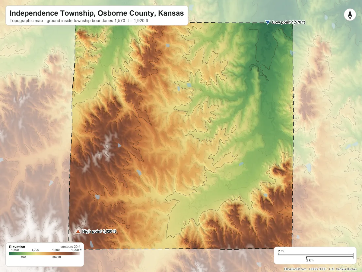 Topographic elevation map of Independence Township, Osborne County, Kansas, shaded from 1,570 ft on the northeast side to 1,920 ft on the southwest side