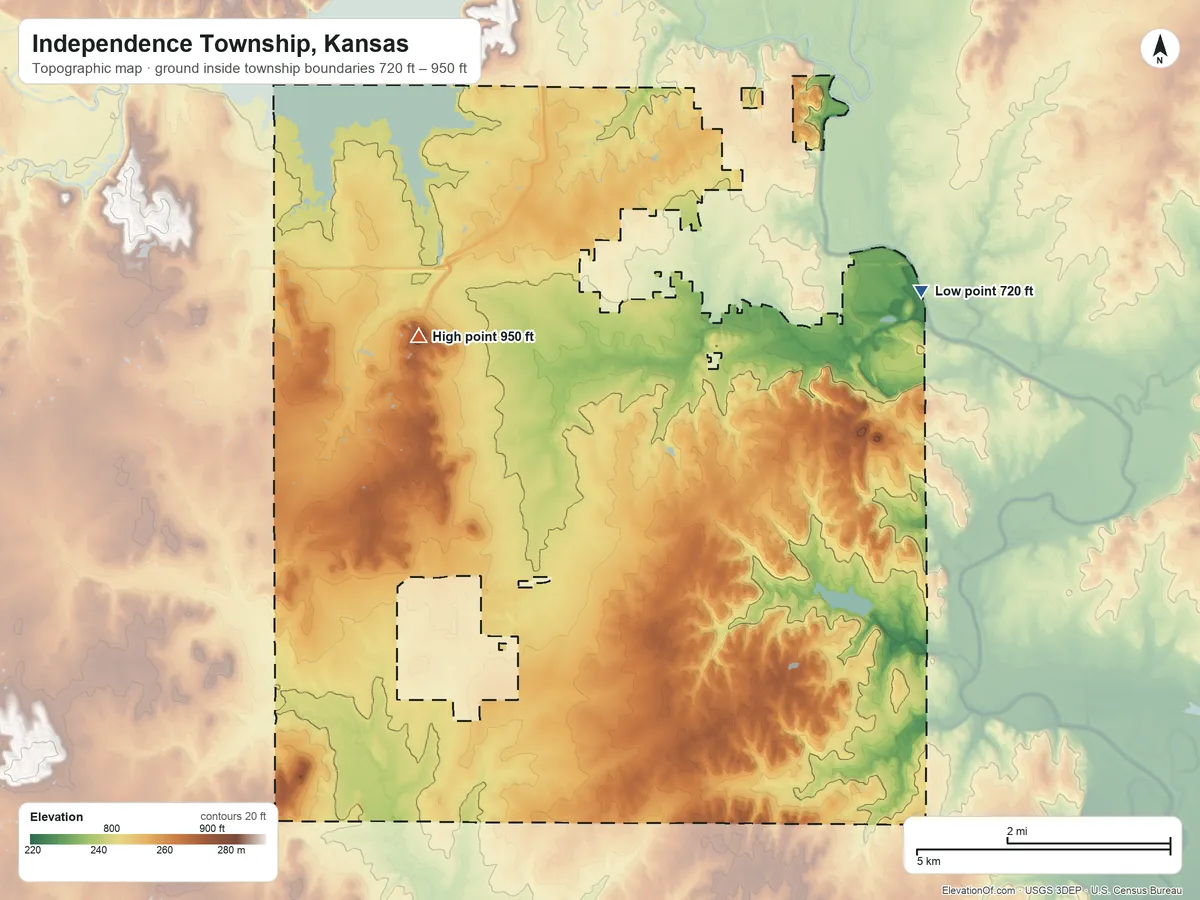 Topographic elevation map of Independence Township, Kansas, shaded from 720 ft on the northeast side to 950 ft on Walker Mound