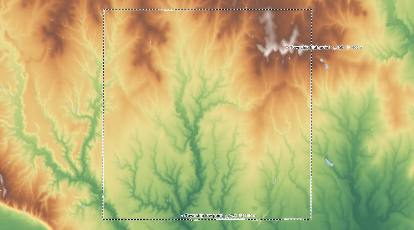 Topographic elevation map of Independent Township, Kansas, shaded from 1,770 ft near the middle to 1,960 ft on the northeast side