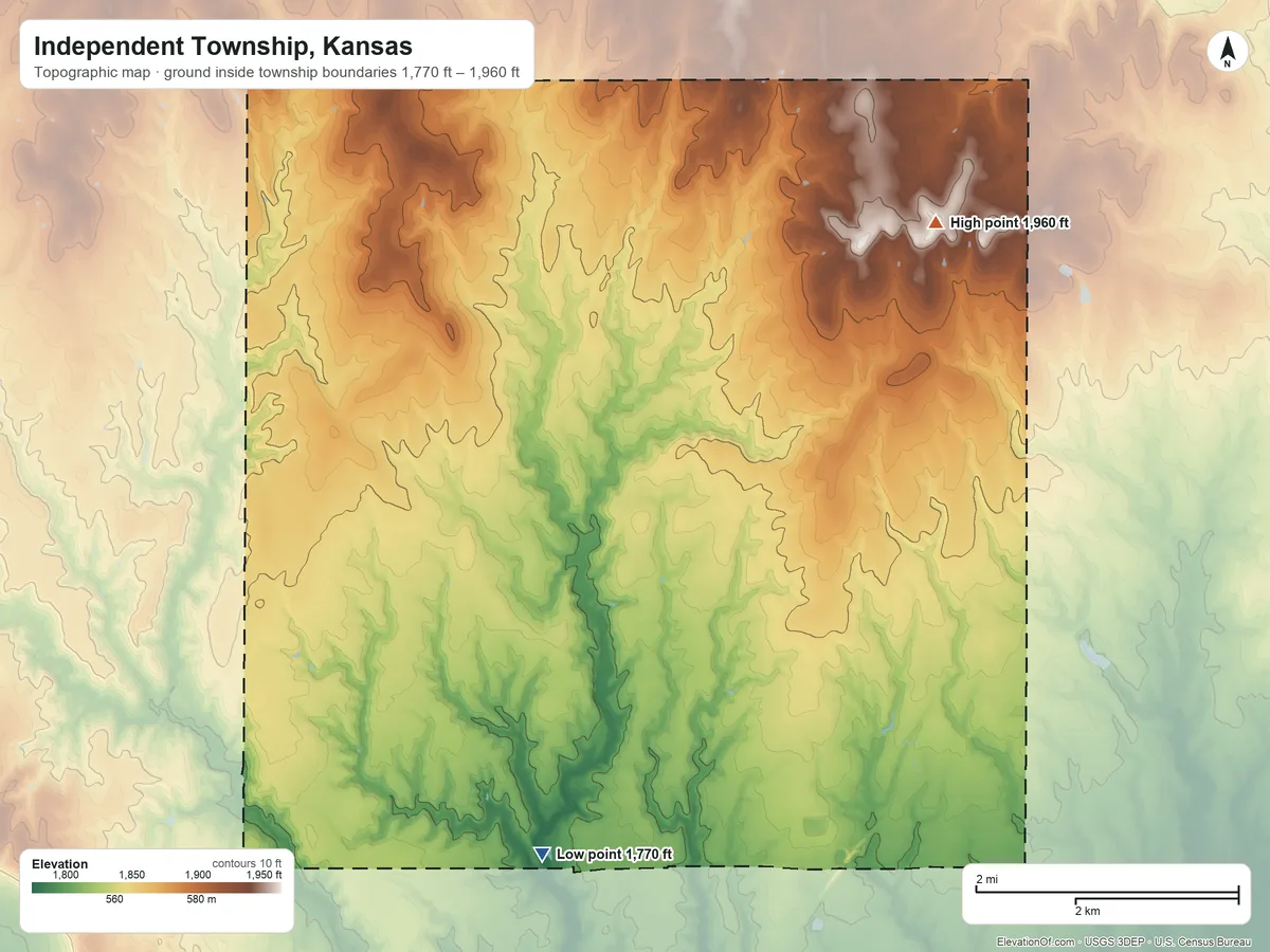 Topographic elevation map of Independent Township, Kansas, shaded from 1,770 ft near the middle to 1,960 ft on the northeast side
