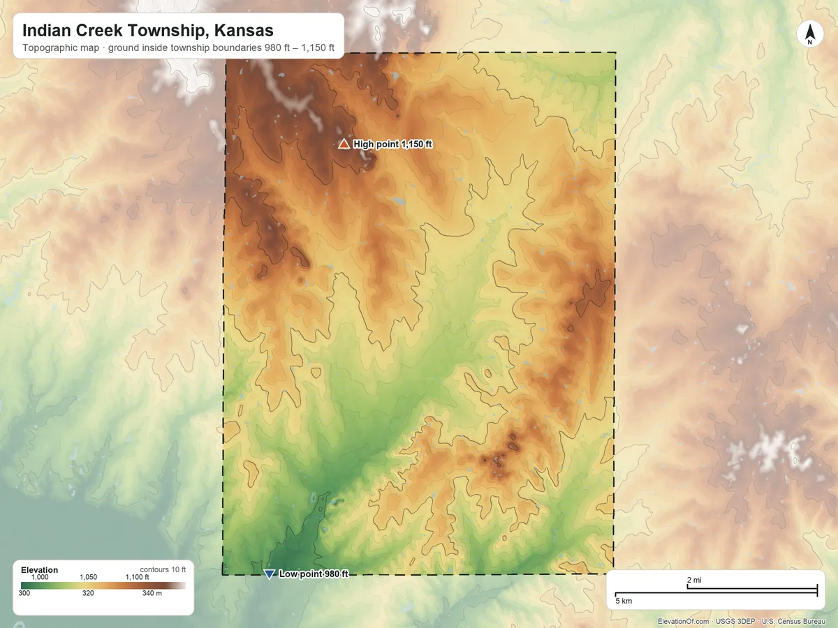 Topographic elevation map of Indian Creek Township, Kansas, shaded from 980 ft on the southwest side to 1,150 ft on the north side
