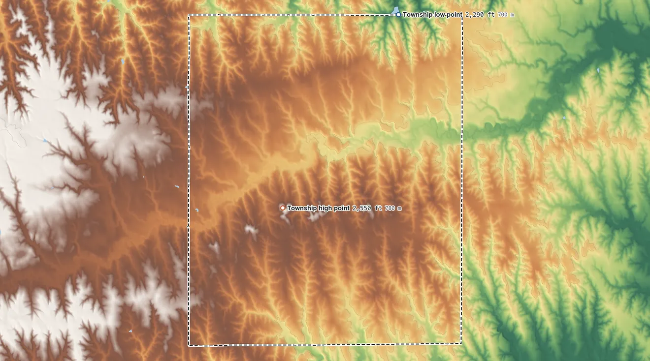 Topographic elevation map of Indiana Township, Kansas, shaded from 2,290 ft on the northeast side to 2,550 ft near the middle