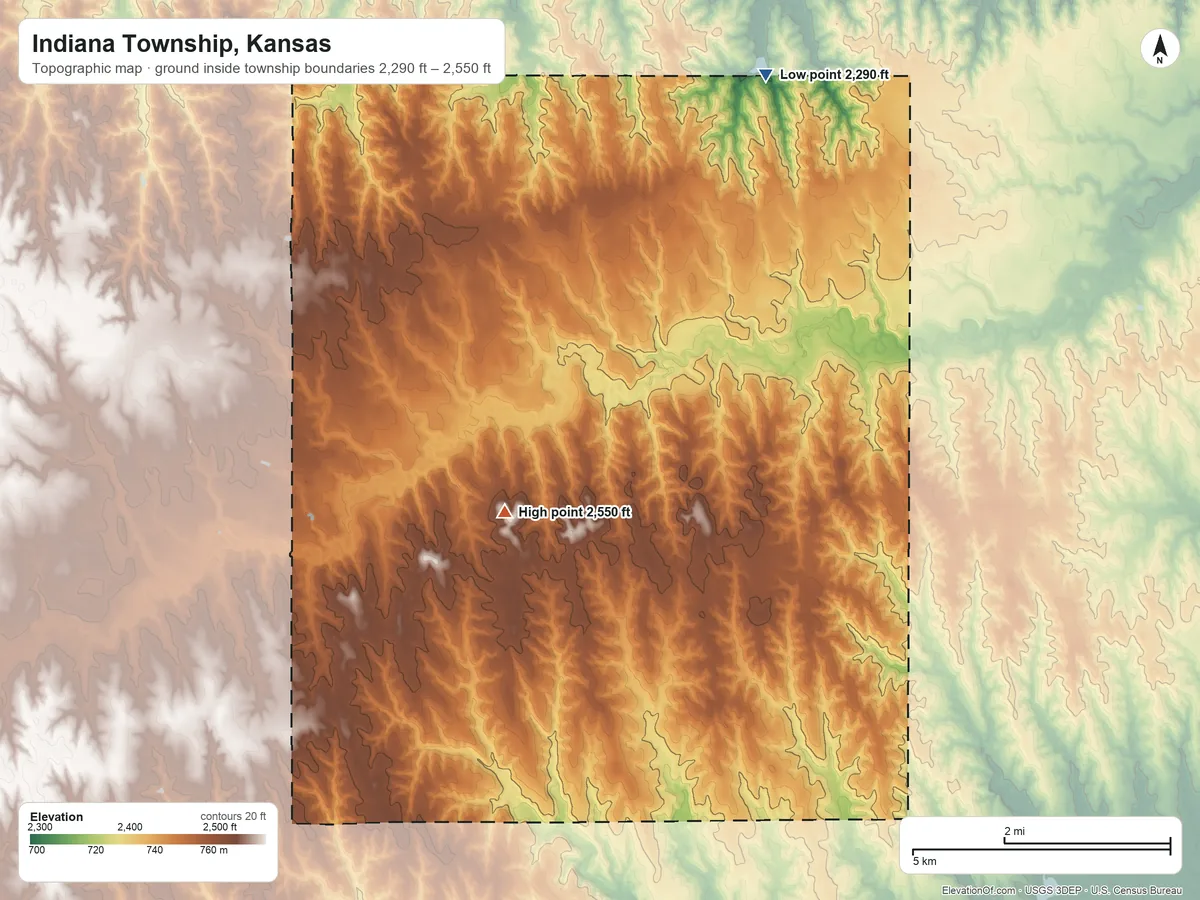 Topographic elevation map of Indiana Township, Kansas, shaded from 2,290 ft on the northeast side to 2,550 ft near the middle
