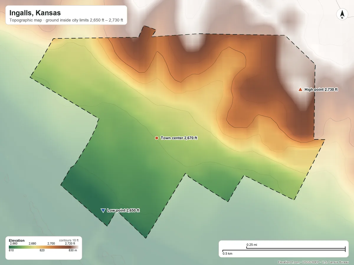 Topographic elevation map of Ingalls, Kansas, shaded from 2,650 ft on the southwest side to 2,730 ft on the east side