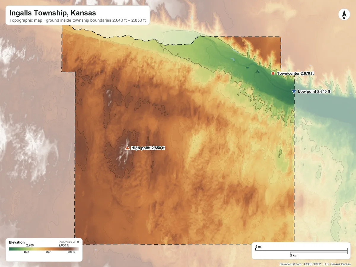 Topographic elevation map of Ingalls Township, Kansas, shaded from 2,640 ft near the middle to 2,850 ft on the southwest side