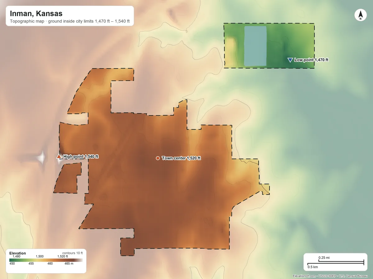 Topographic elevation map of Inman, Kansas, shaded from 1,470 ft on the northeast side to 1,540 ft on the west side