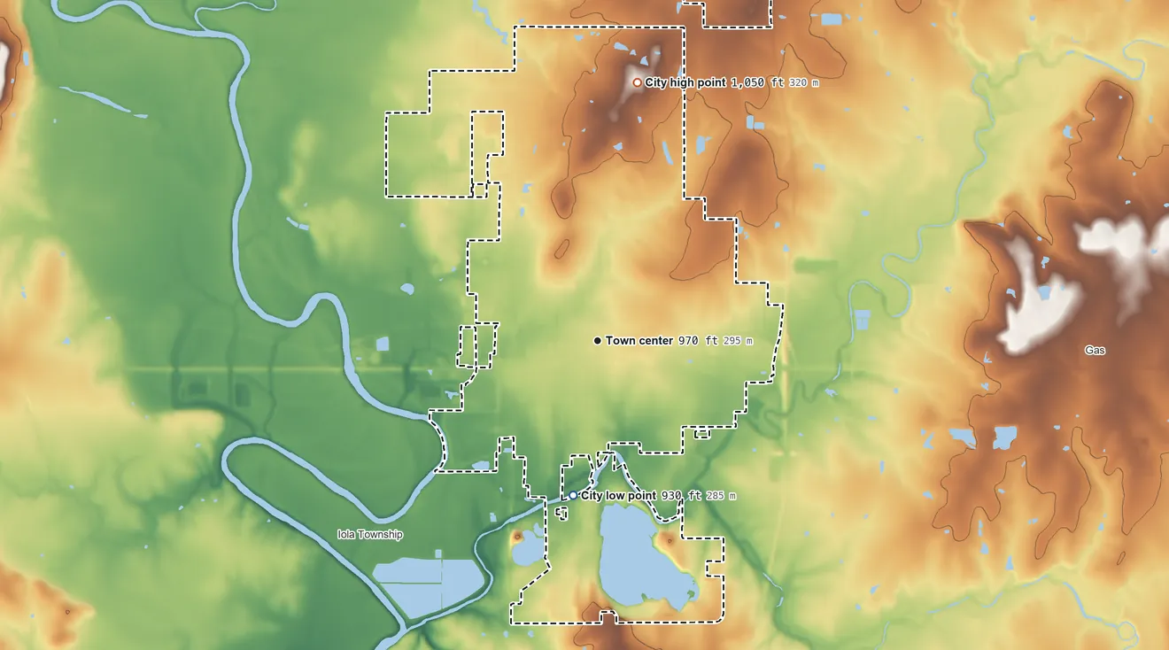 Topographic elevation map of Iola, Kansas, shaded from 930 ft on the south side to 1,050 ft on the north side