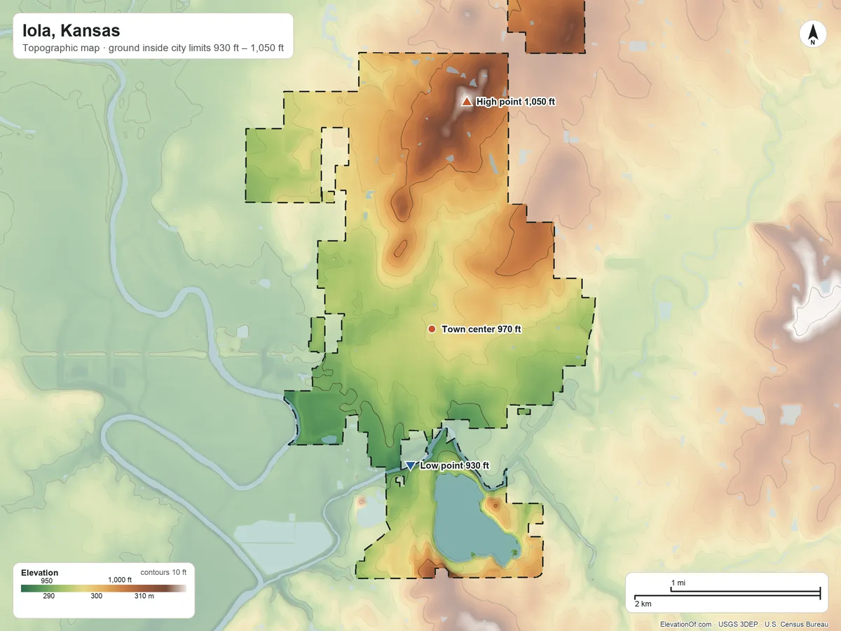 Topographic elevation map of Iola, Kansas, shaded from 930 ft on the south side to 1,050 ft on the north side