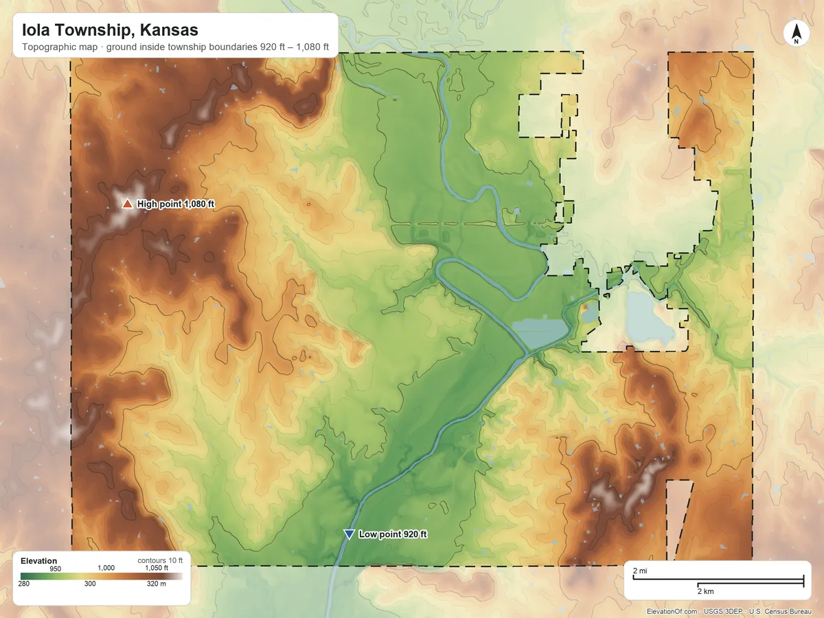 Topographic elevation map of Iola Township, Kansas, shaded from 920 ft on the southwest side to 1,080 ft on the west side