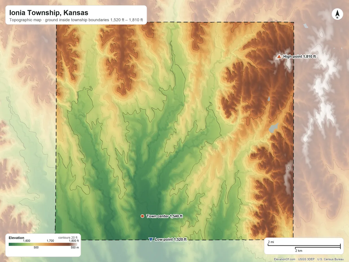 Topographic elevation map of Ionia Township, Kansas, shaded from 1,520 ft near the middle to 1,810 ft on the northeast side