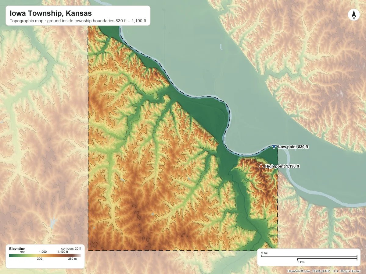 Topographic elevation map of Iowa Township, Kansas, shaded from 830 ft on the east side to 1,190 ft on Lookout Mountain