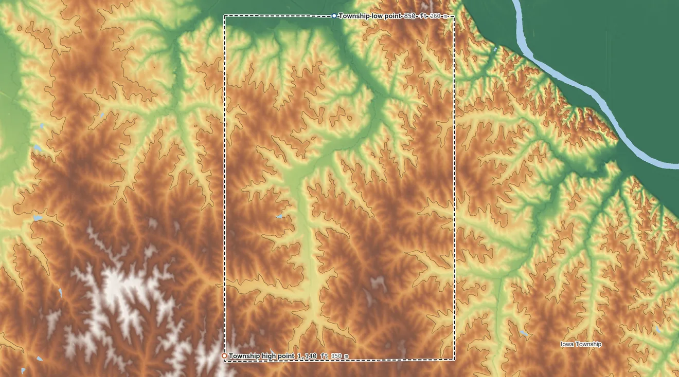 Topographic elevation map of Irving Township, Kansas, shaded from 850 ft on the north side to 1,140 ft on the southwest side